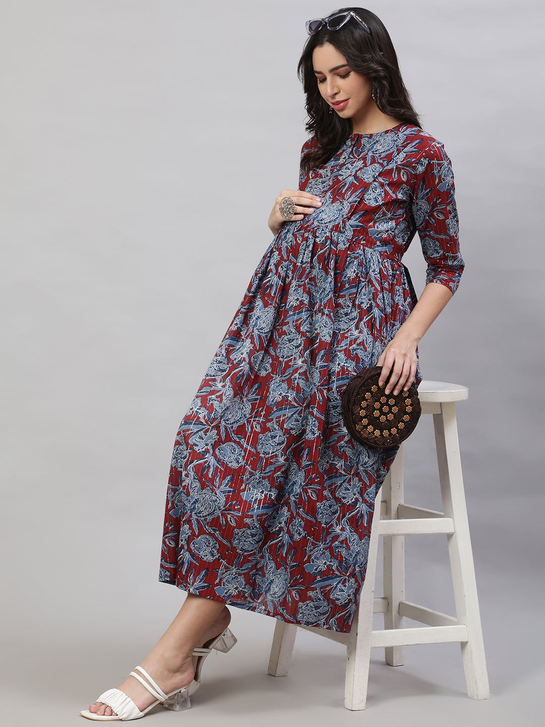 Maroon & Blue Printed Flared Maternity Dress