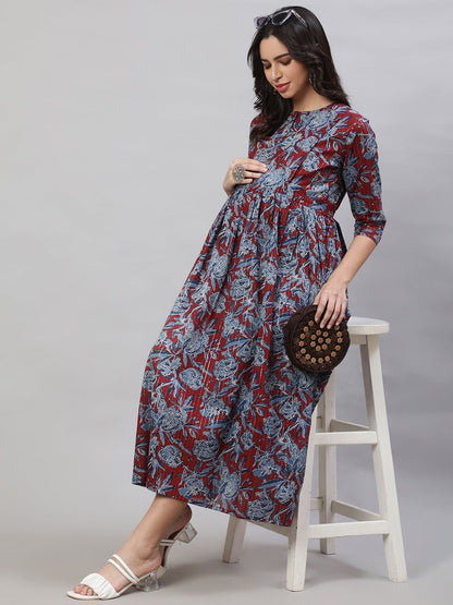 Maroon & Blue Printed Flared Maternity Dress