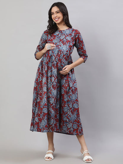 Maroon & Blue Printed Flared Maternity Dress