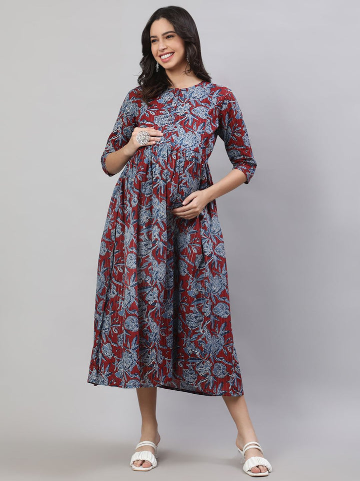 Maroon &amp; Blue Printed Flared Maternity Dress