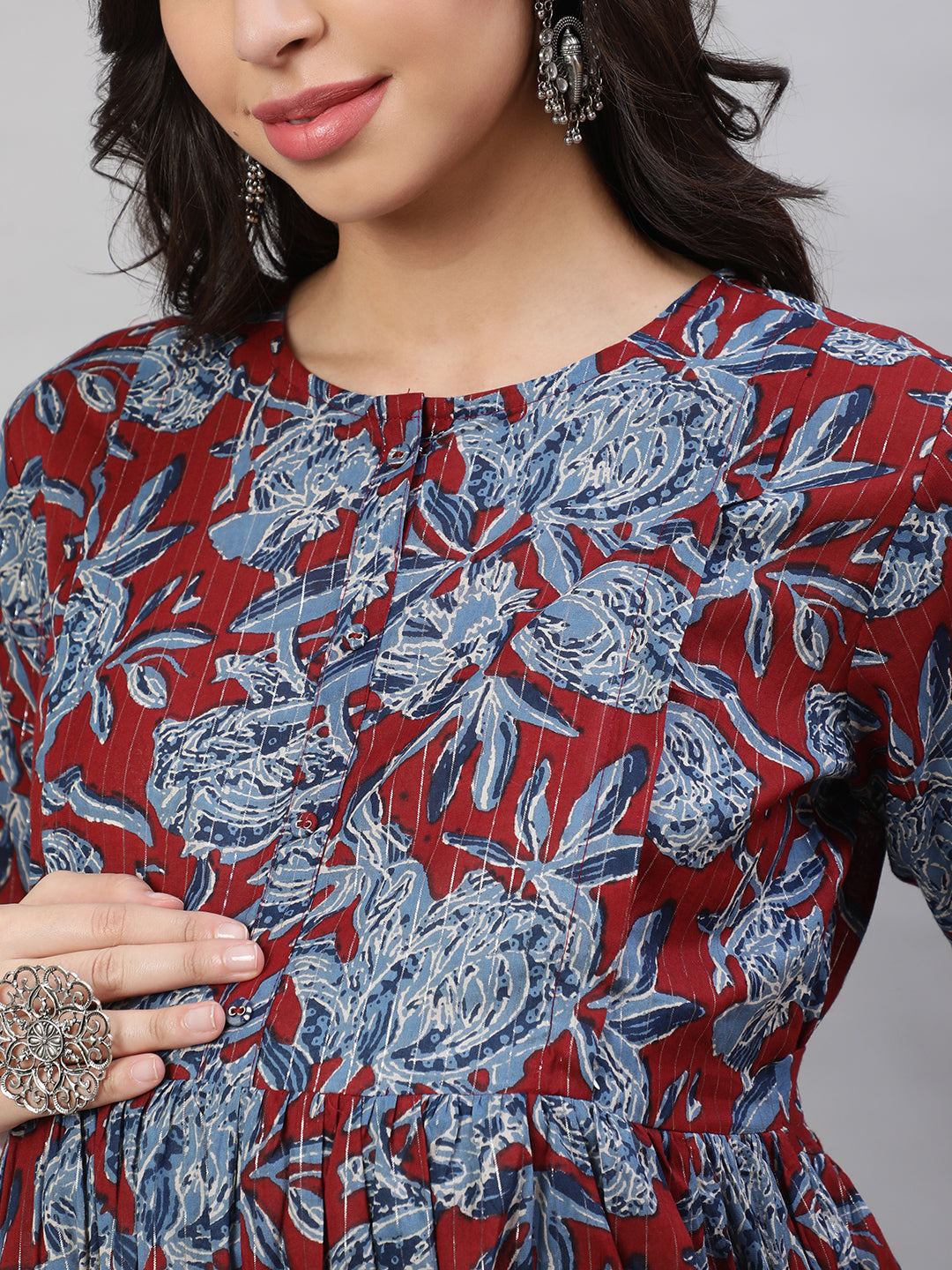 Maroon &amp; Blue Printed Flared Maternity Dress
