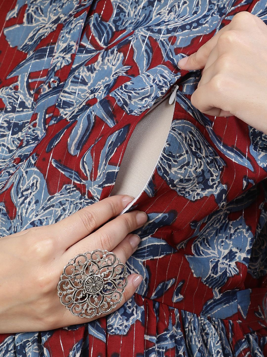 Maroon & Blue Printed Flared Maternity Dress