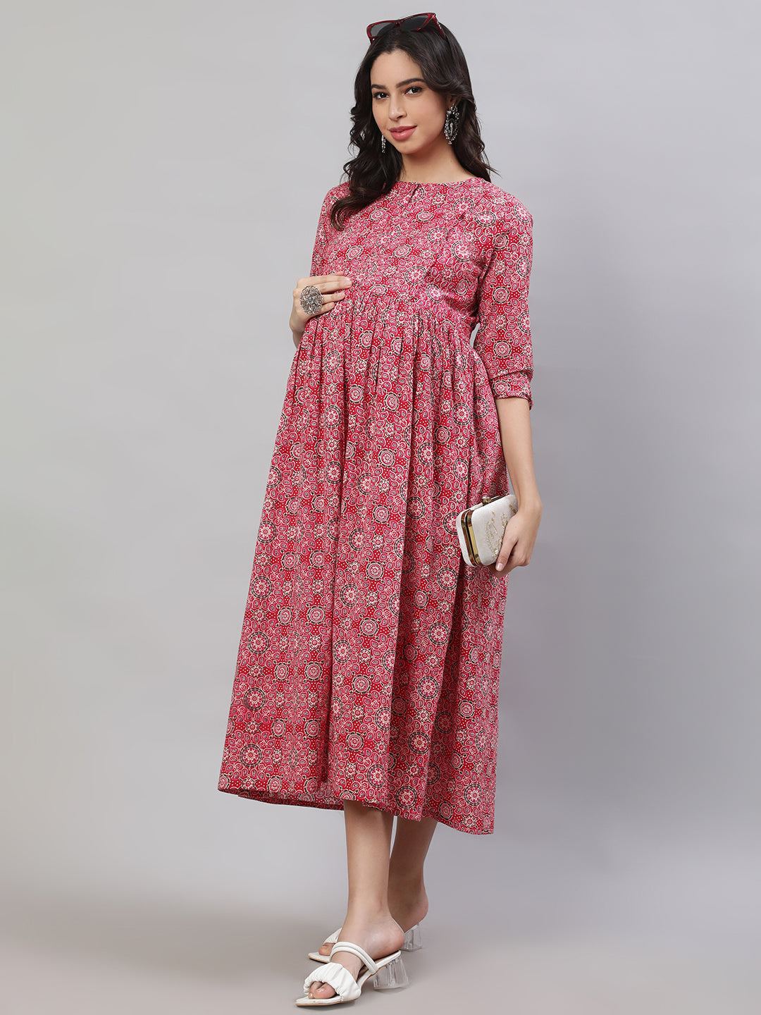 Pink Printed Flared Maternity Dress