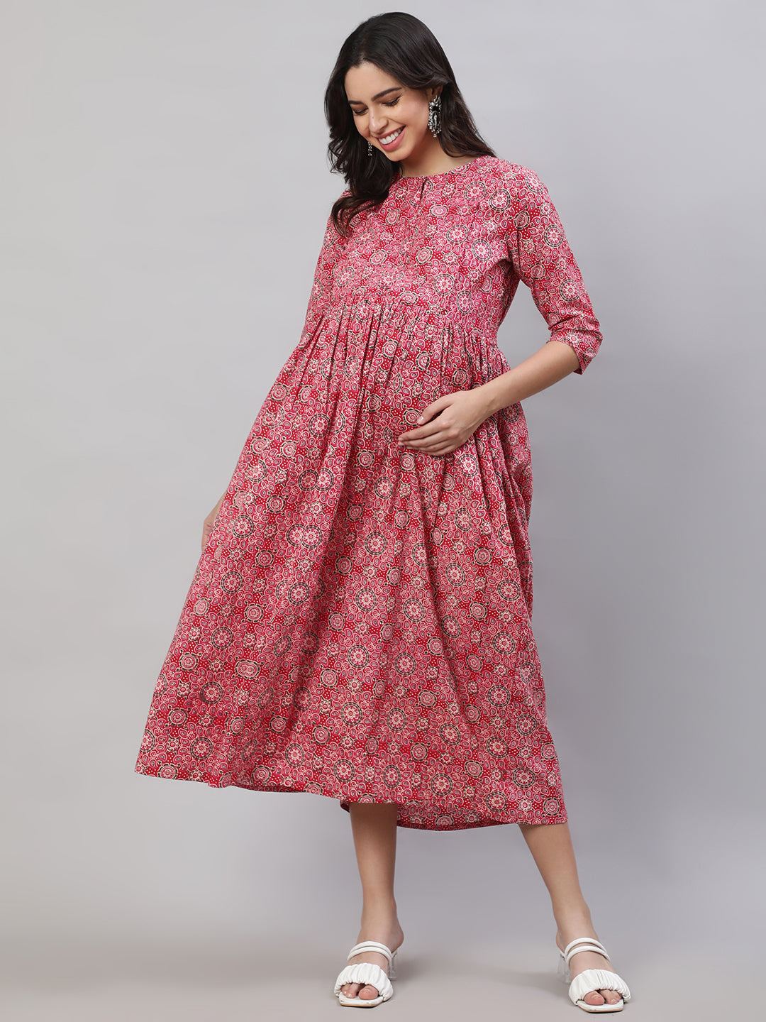 Pink Printed Flared Maternity Dress