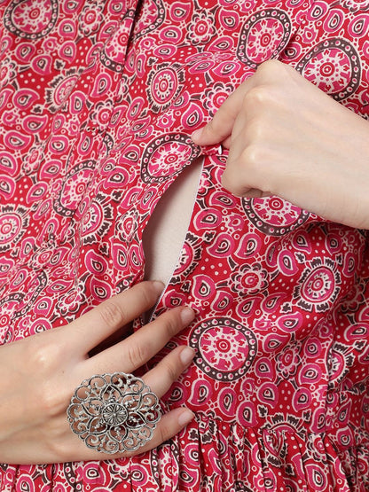 Pink Printed Flared Maternity Dress
