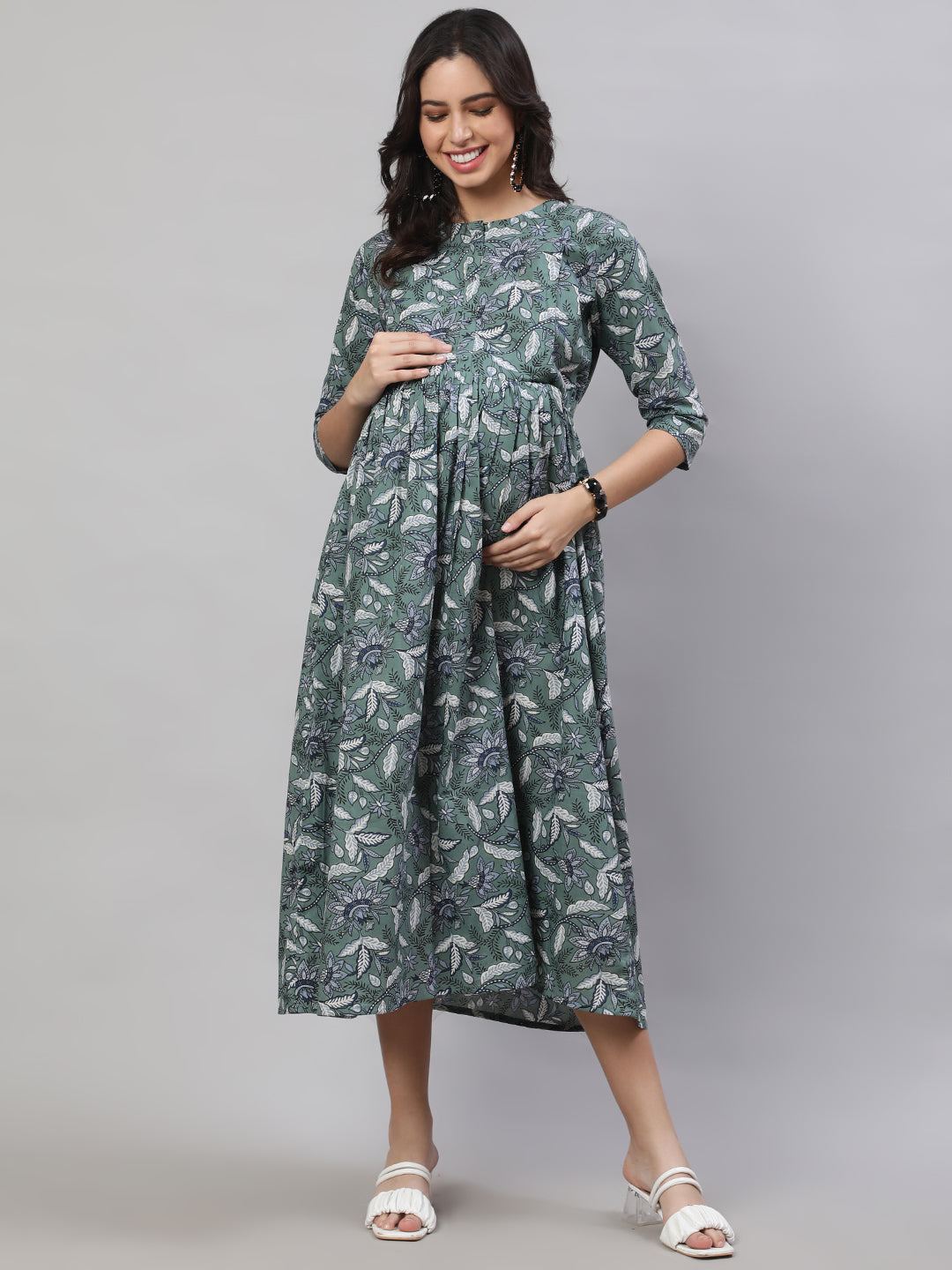 Green Printed Flared Maternity Dress