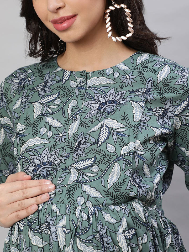 Green Printed Flared Maternity Dress