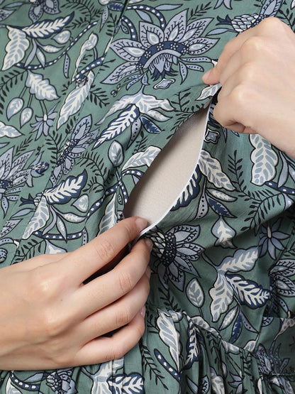 Green Printed Flared Maternity Dress
