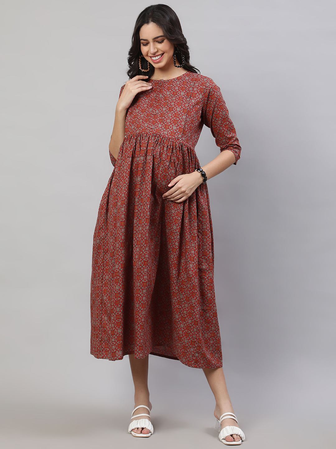 Rust Printed Flared Maternity Dress