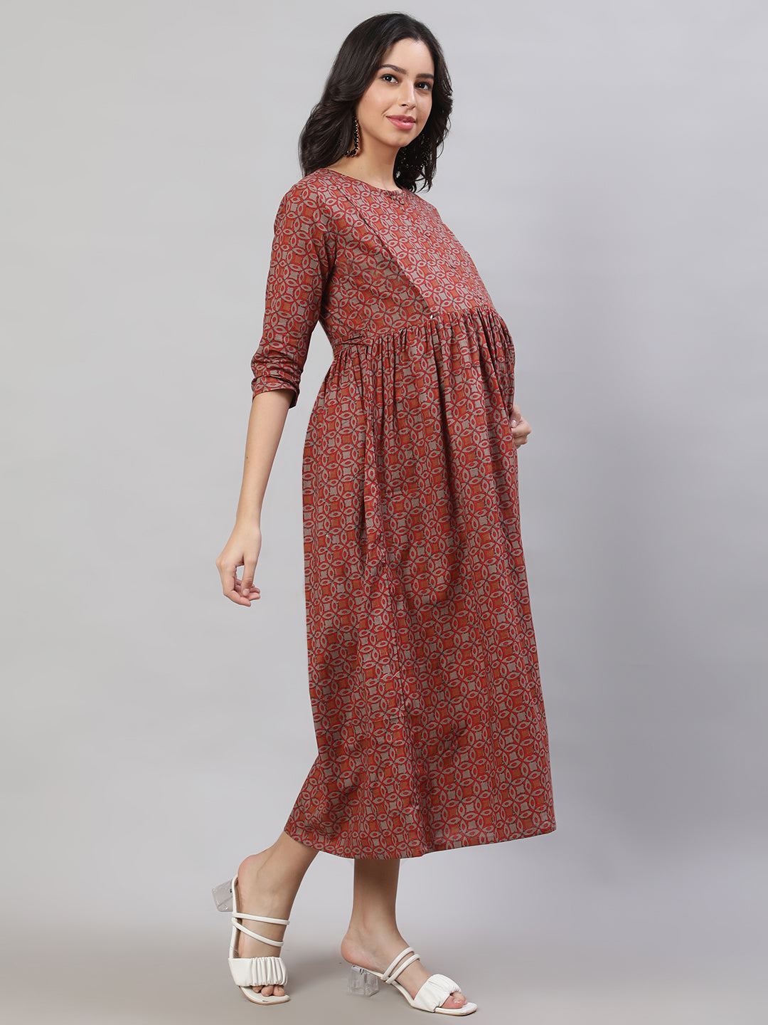 Rust Printed Flared Maternity Dress