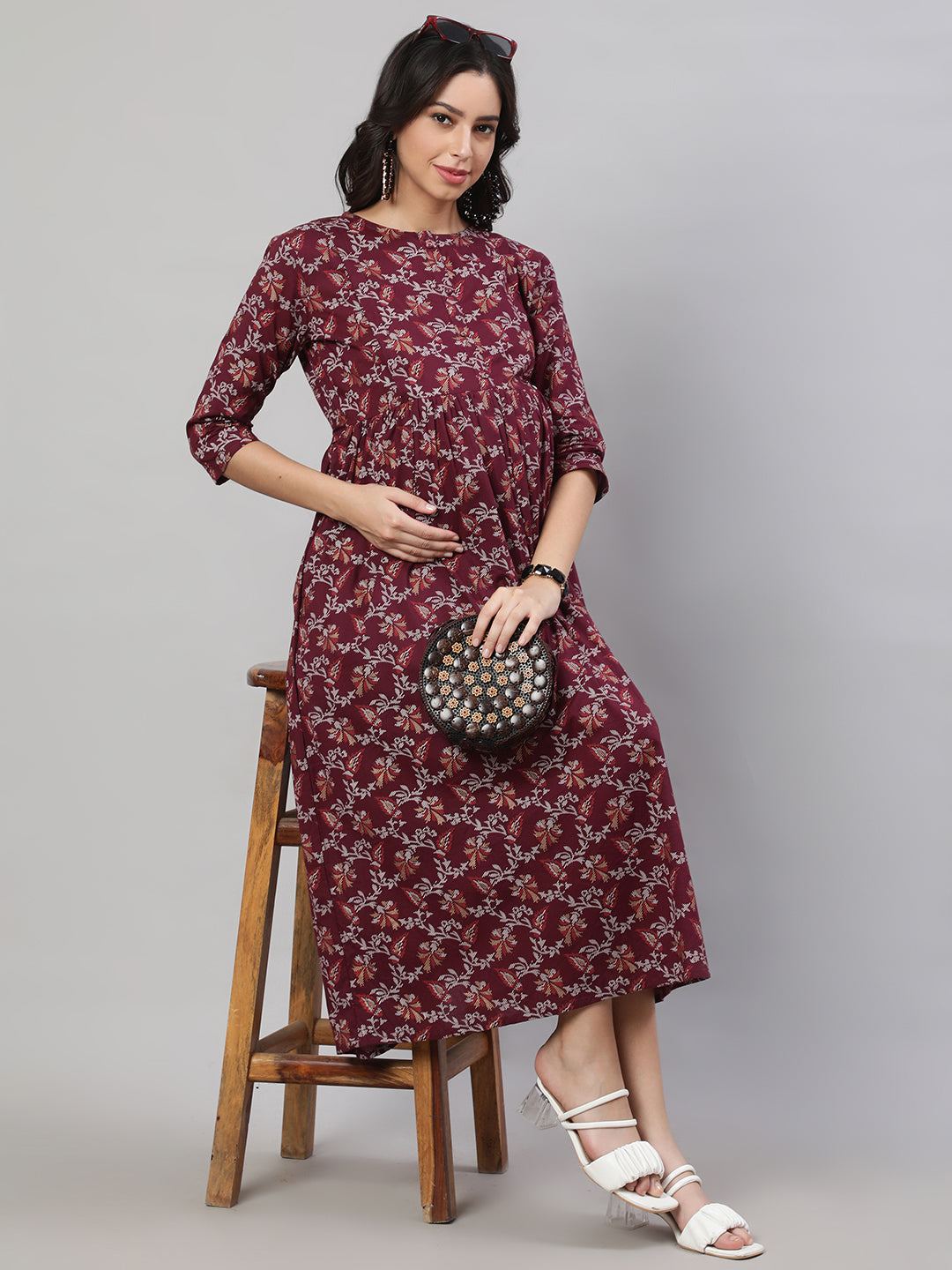 Burgundy Printed Flared Maternity Dress