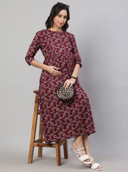 Burgundy Printed Flared Maternity Dress