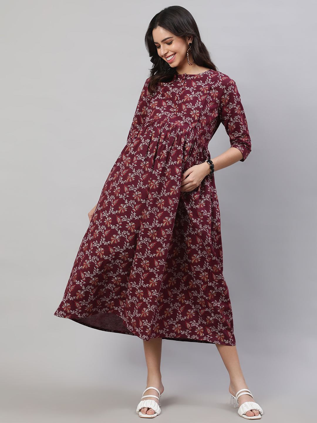 Burgundy Printed Flared Maternity Dress