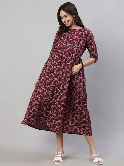 Burgundy Printed Flared Maternity Dress