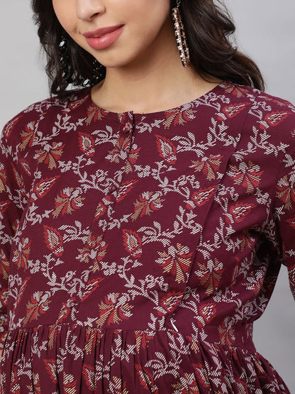 Burgundy Printed Flared Maternity Dress