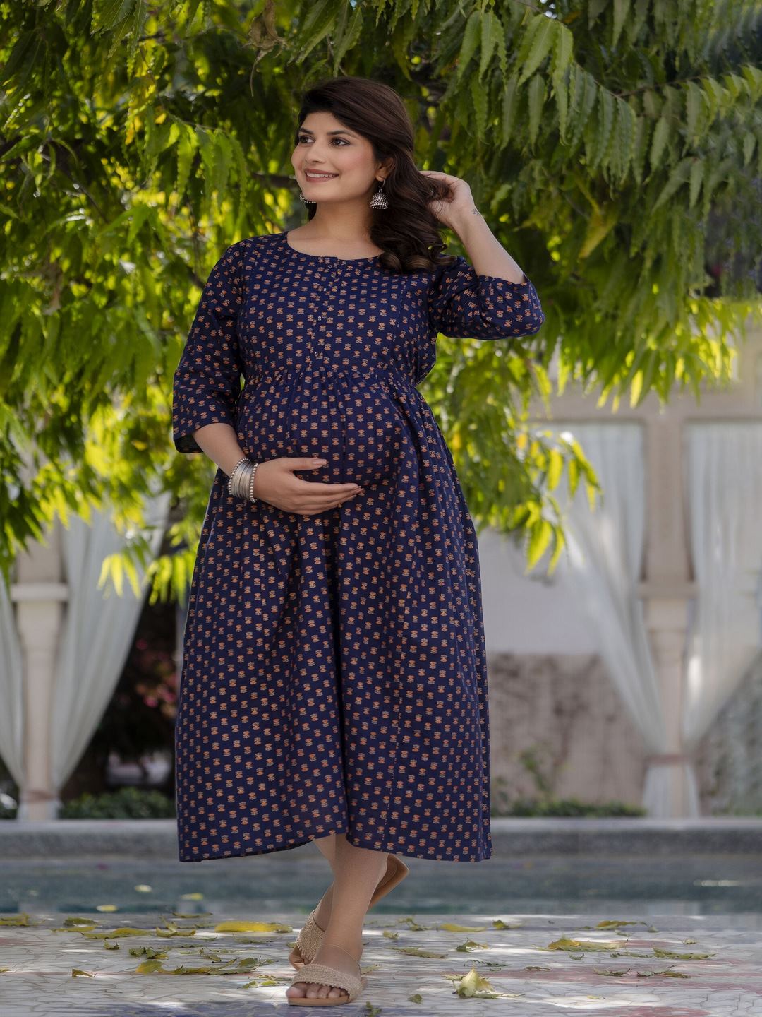 Navy Blue Printed Flared Maternity Dress