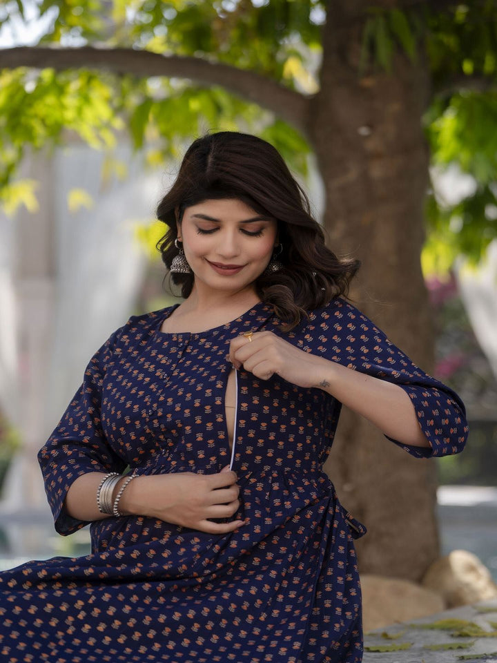 Navy Blue Printed Flared Maternity Dress