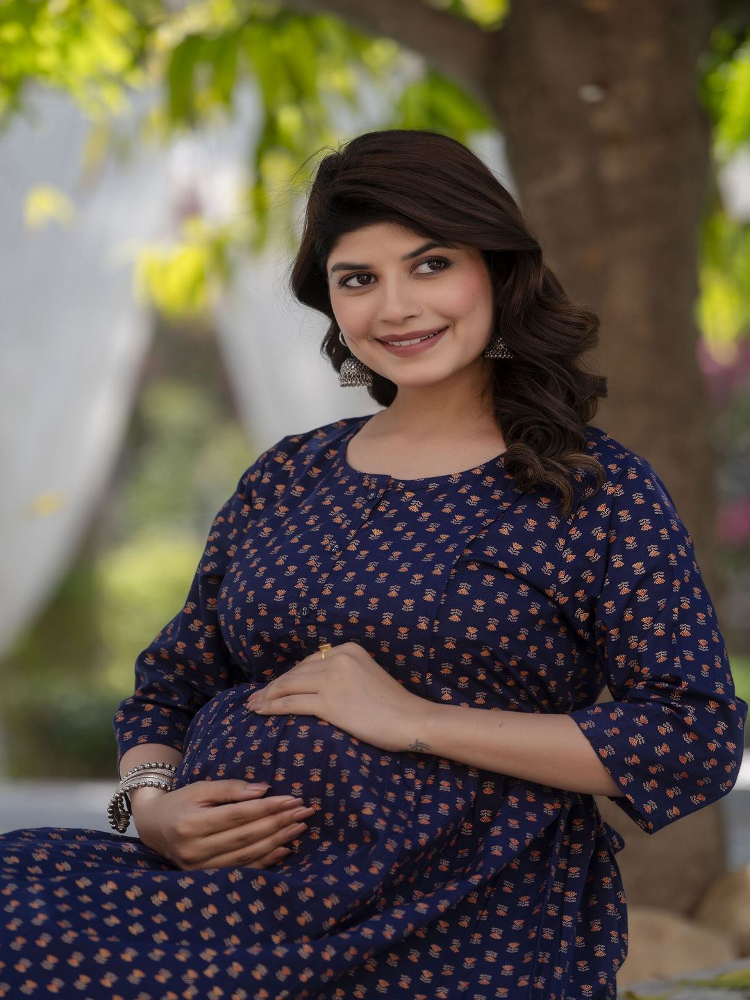 Navy Blue Printed Flared Maternity Dress