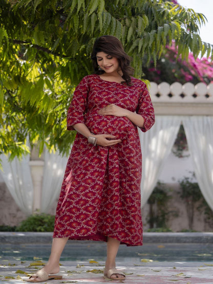 Burgundy Printed Maternity Dress