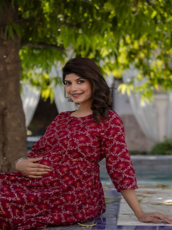 Burgundy Printed Maternity Dress
