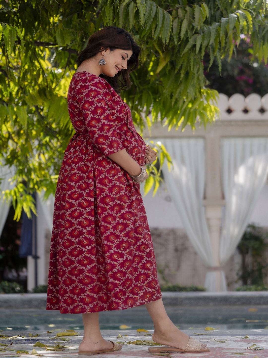 Burgundy Printed Maternity Dress