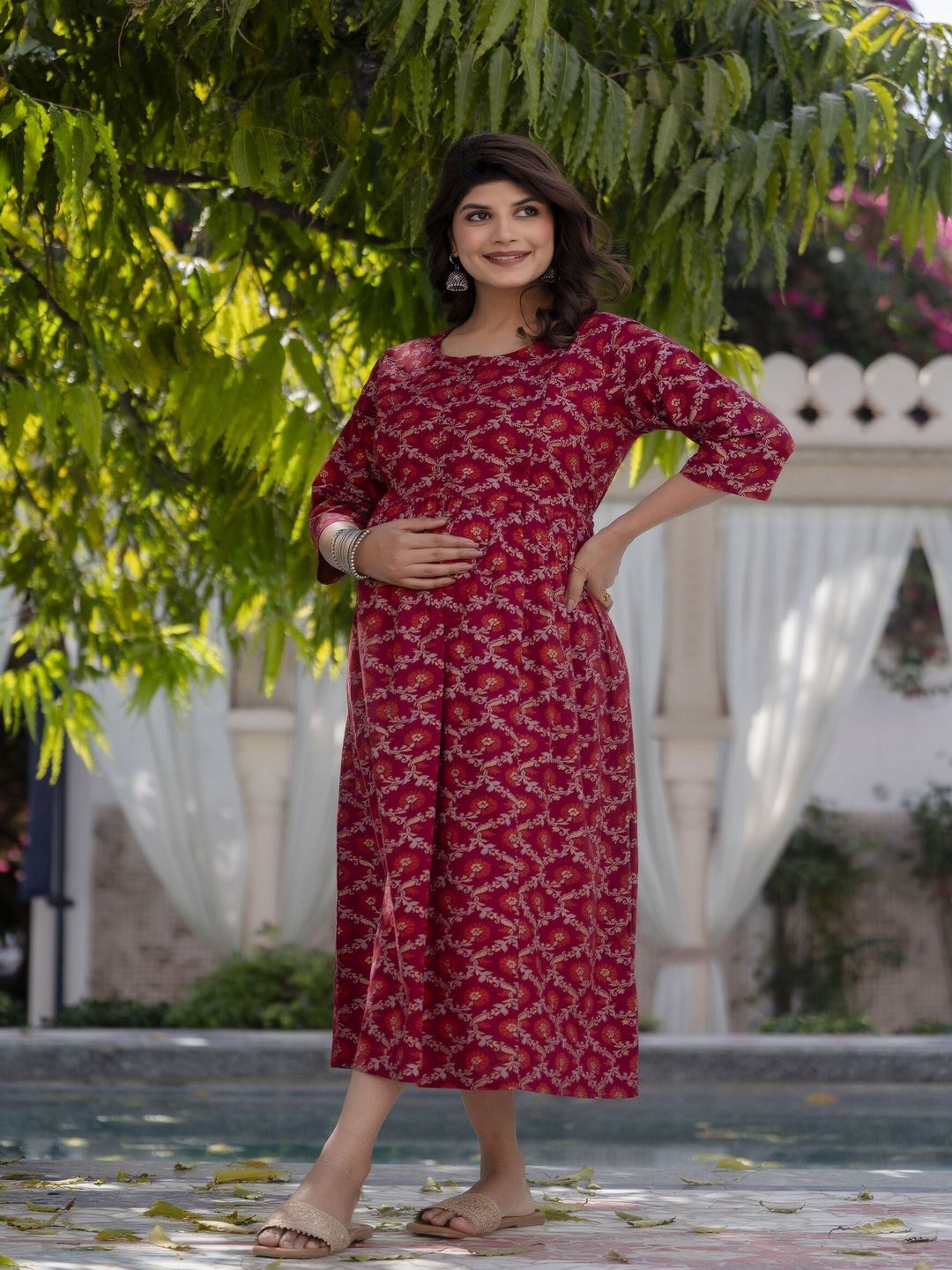 Burgundy Printed Maternity Dress