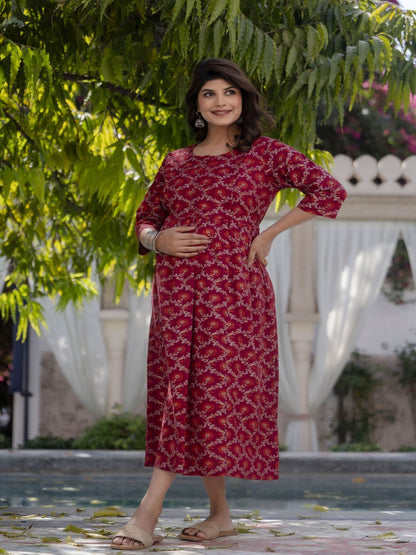 Burgundy Printed Maternity Dress