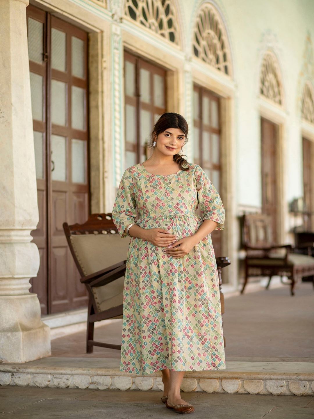 Beige Printed Flared Maternity Dress