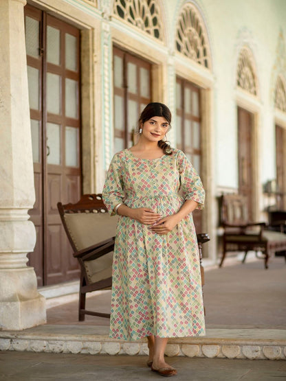 Beige Printed Flared Maternity Dress