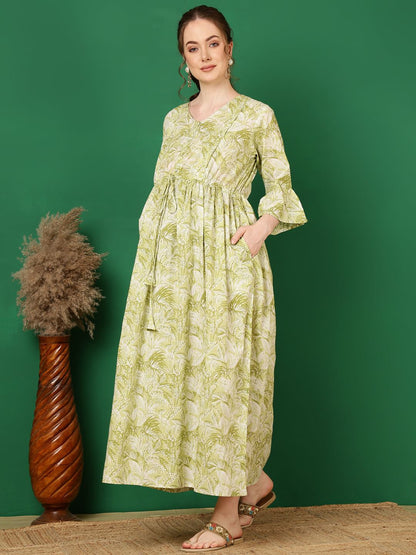 Green Printed Flared Maternity Dress