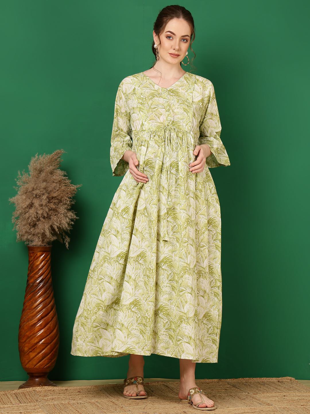 Green Printed Flared Maternity Dress