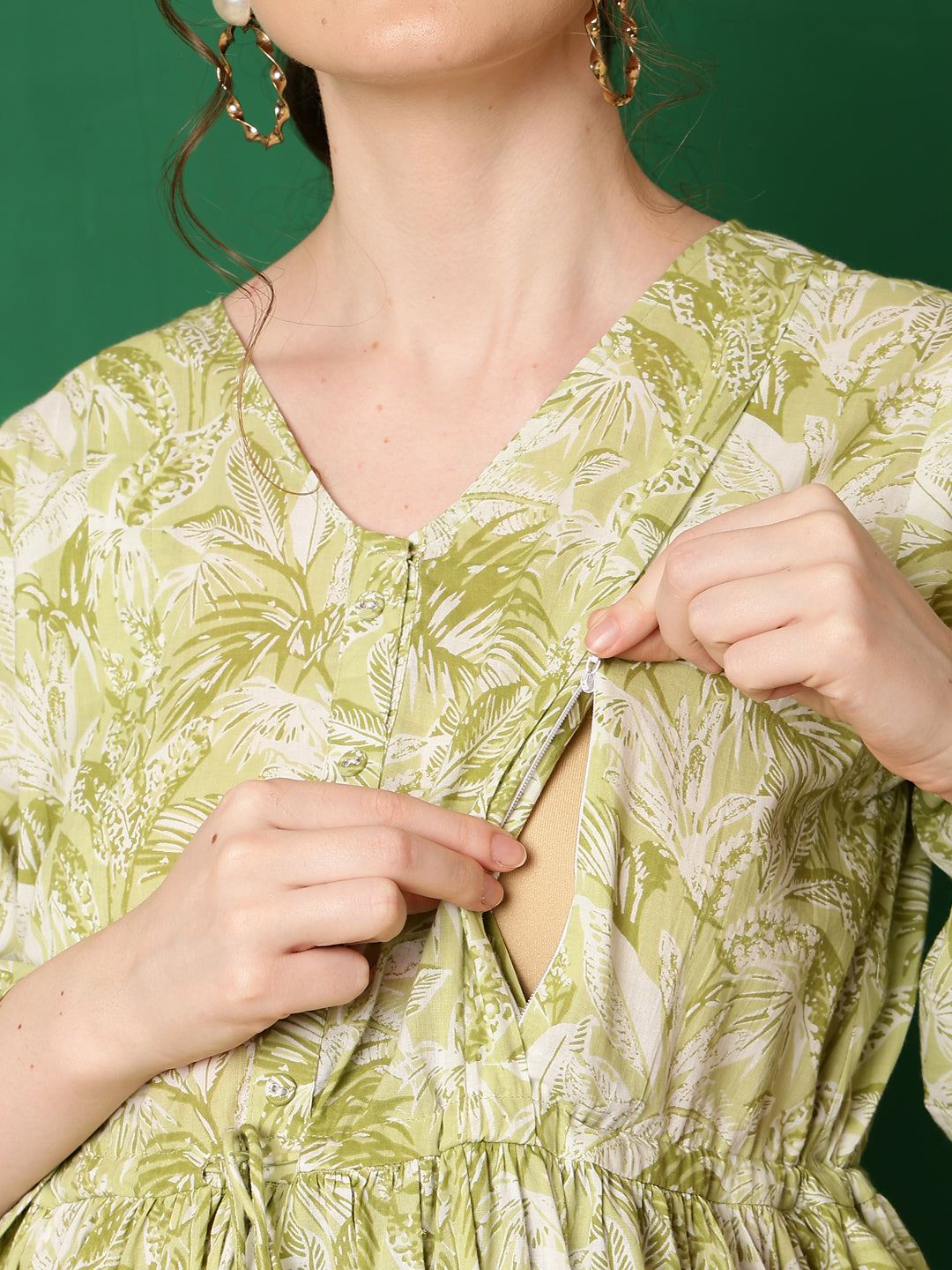 Green Printed Flared Maternity Dress