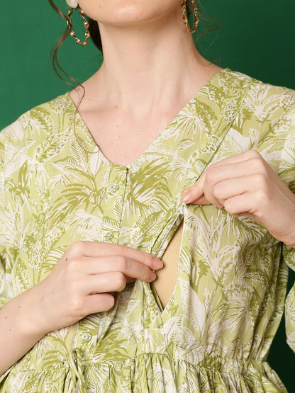 Green Printed Flared Maternity Dress