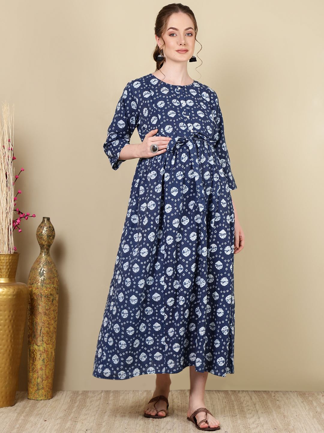 Navy Blue Printed Flared Maternity Dress