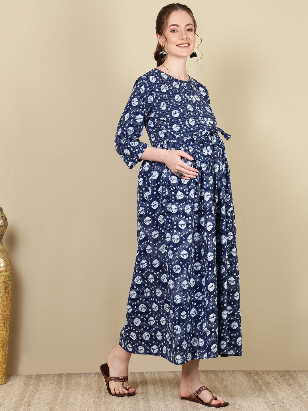 Navy Blue Printed Flared Maternity Dress
