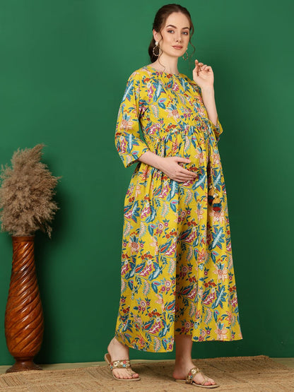Yellow Printed Flared Maternity Dress