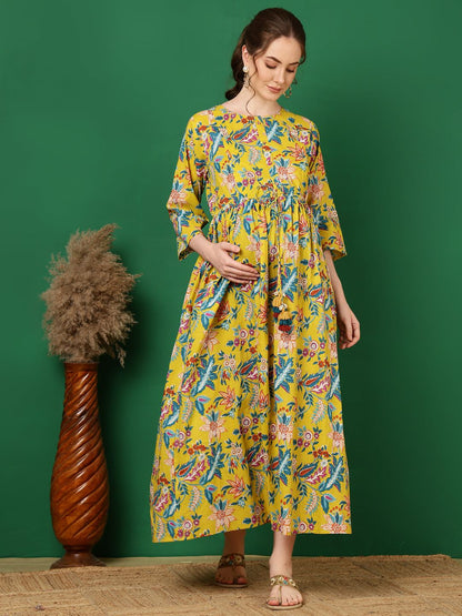 Yellow Printed Flared Maternity Dress