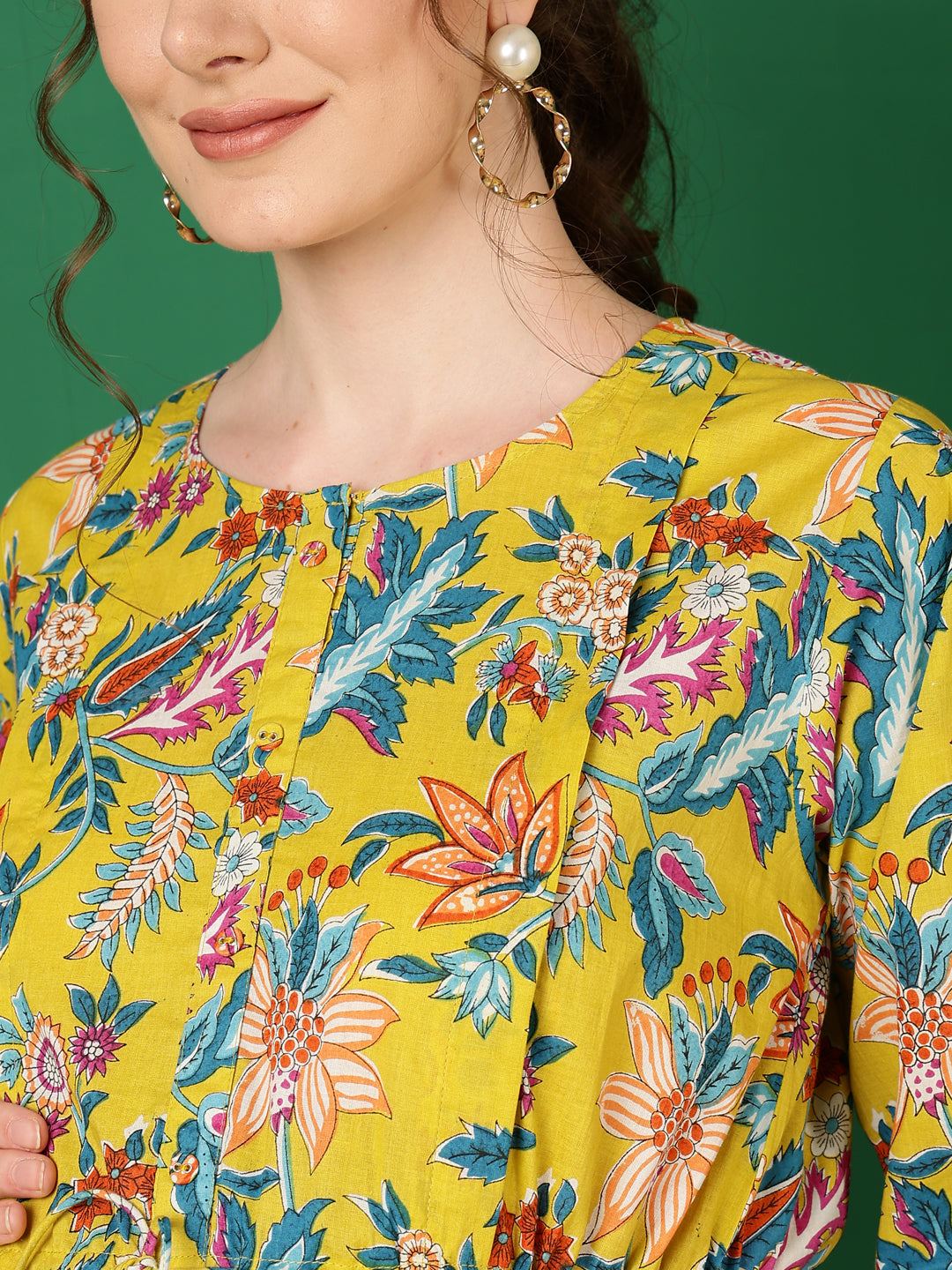 Yellow Printed Flared Maternity Dress