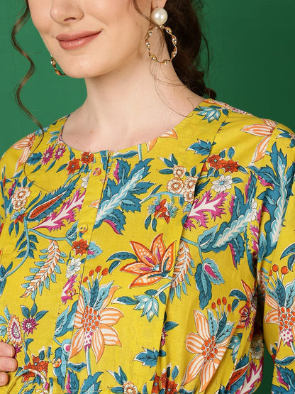 Yellow Printed Flared Maternity Dress