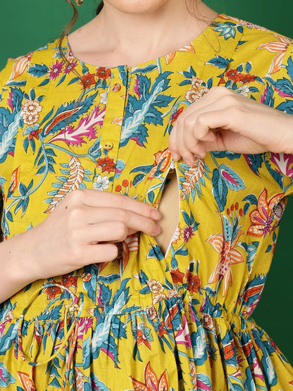 Yellow Printed Flared Maternity Dress