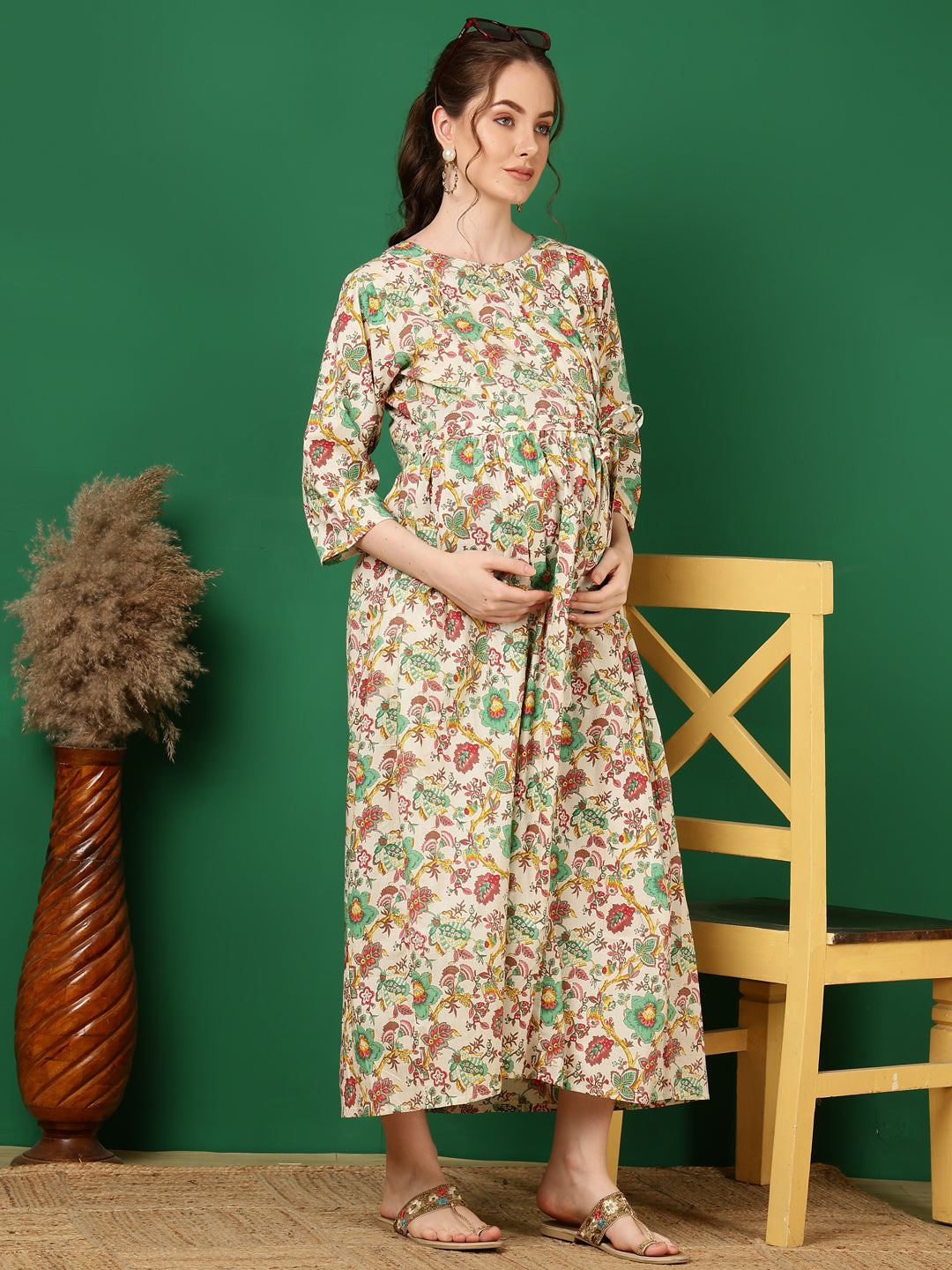 Off White Printed Flared Maternity Dress