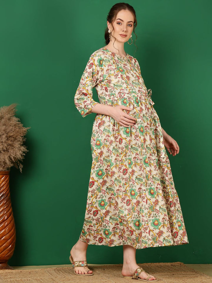 Off White Printed Flared Maternity Dress