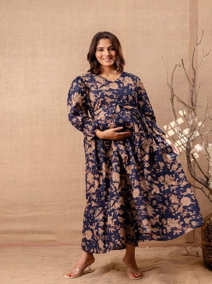 Navy Blue Printed Flared Maternity Dress