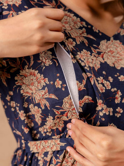 Navy Blue Printed Flared Maternity Dress