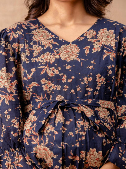 Navy Blue Printed Flared Maternity Dress