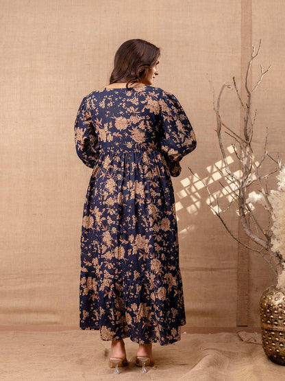 Navy Blue Printed Flared Maternity Dress