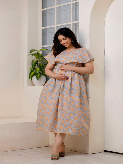 Grey Printed Flared Maternity Dress