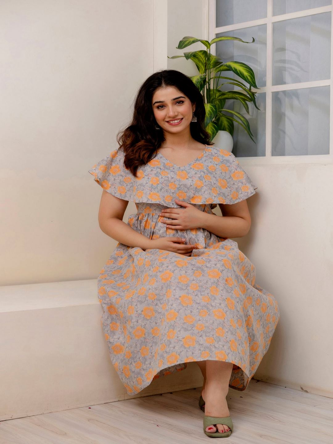 Grey Printed Flared Maternity Dress