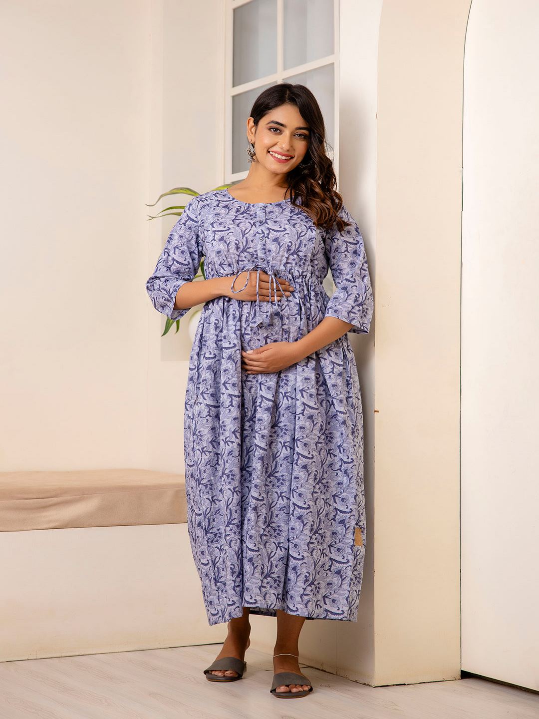 Grey Printed Flared Maternity Dress