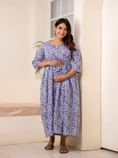 Grey Printed Flared Maternity Dress
